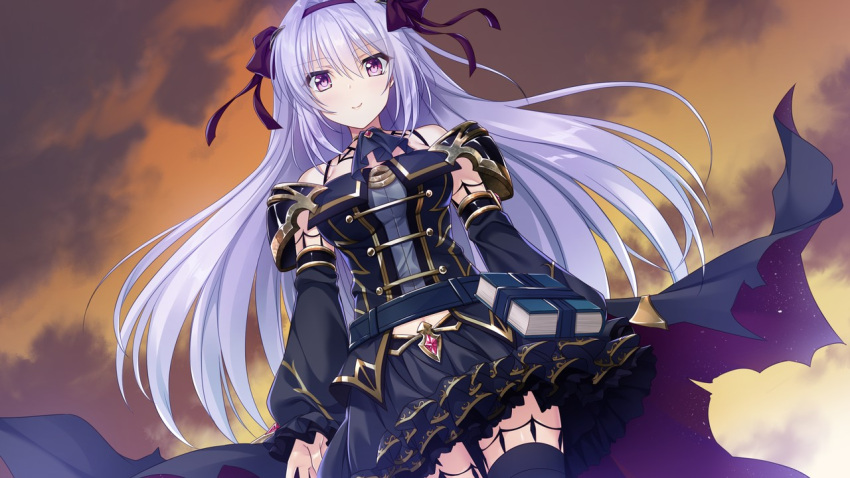 1girl armor ascot bangs black_ascot black_skirt black_sleeves book bow breasts closed_mouth cloud cloudy_sky cowboy_shot detached_sleeves dutch_angle floating_hair game_cg hair_between_eyes hair_bow hairband layered_skirt long_hair long_sleeves looking_at_viewer lydia_(senkou_no_clarias) medium_breasts midriff miniskirt outdoors pleated_skirt purple_bow purple_hairband red_eyes senkou_no_clarias shiny shiny_hair shoulder_armor skirt sky smile solo standing stomach suzuhira_hiro thigh_strap thighhighs very_long_hair waist_cape white_hair zettai_ryouiki