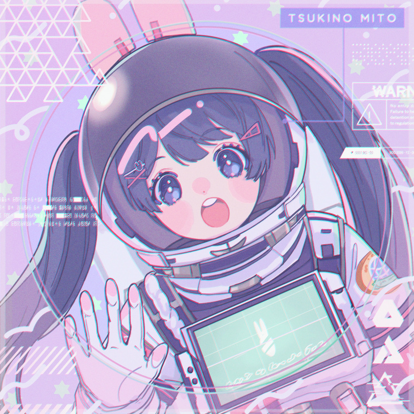 1girl absurdres astronaut black_hair blue_eyes character_name hair_ornament helmet highres long_hair looking_at_viewer nijisanji open_mouth puka_(hirosikaku) solo space_helmet teeth tsukino_mito tsukino_mito_(16th_costume) twintails upper_teeth_only virtual_youtuber x_hair_ornament