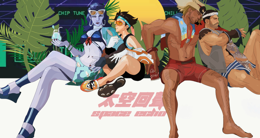 2boys 2girls absurdres arm_around_shoulder bamashengze bara beard_stubble bra breasts cassidy_(overwatch) cocktail_glass colored_skin couple cup dark-skinned_male dark_skin drinking_glass from_side hachimaki hanzo_(overwatch) headband highres large_pectorals leg_hair lifeguard lifeguard_cassidy locked_arms long_hair male_focus male_swimwear mature_male multiple_boys multiple_girls muscular muscular_male official_alternate_costume overwatch overwatch_1 pectorals profile purple_skin red_male_swimwear short_hair spread_legs sunglasses swim_trunks thick_eyebrows tracer_(overwatch) underwear widowmaker_(overwatch) yaoi yuri