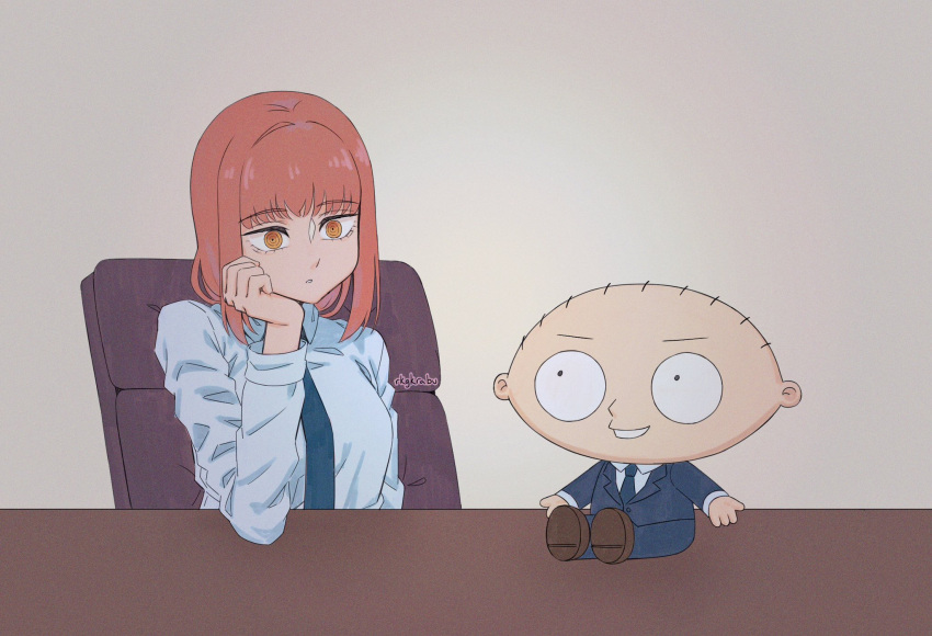 1boy 1girl blue_necktie blue_pants blue_suit business_suit chainsaw_man chair collared_shirt desk family_guy formal hand_on_own_chin highres indoors jacket makima_(chainsaw_man) necktie on_desk orange_eyes pants red_hair ringed_eyes rkgkrabu shirt sitting sitting_on_desk stewie_griffin suit suit_jacket white_shirt