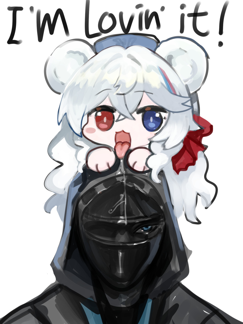 1girl 1other animal_ears arknights bear_ears black_jacket blue_eyes blue_hair blue_headwear blush_stickers chibi commentary_request doctor_(arknights) dokomon english_text hair_between_eyes heterochromia highres hood hood_up hooded_jacket jacket korean_commentary mini_person minigirl multicolored_hair on_head open_mouth red_eyes red_hair rosa_(arknights) simple_background streaked_hair tongue tongue_out white_background white_hair