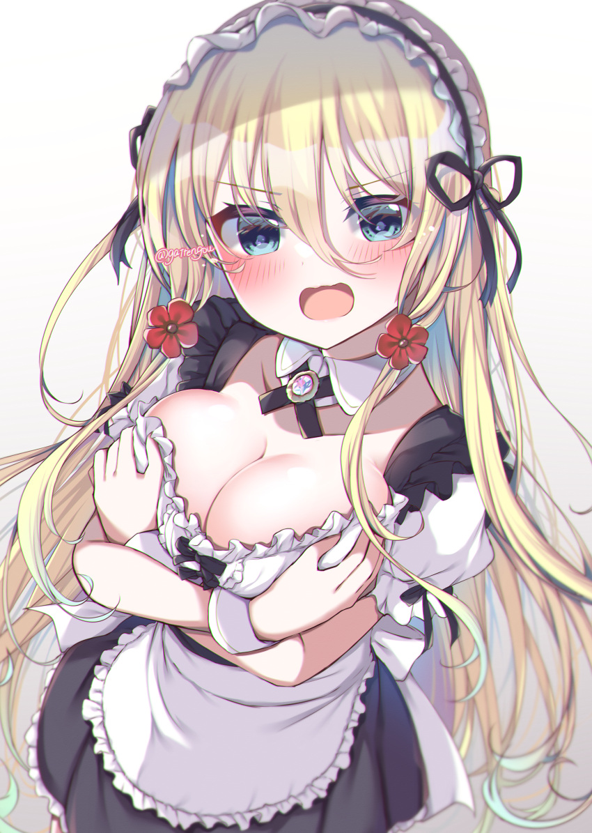1girl absurdres alice_(bishoujo_mangekyou) apron bishoujo_mangekyou black_ribbon black_skirt blonde_hair blue_eyes blush breast_hold breasts breasts_squeezed_together cleavage commentary cowboy_shot crossed_arms detached_collar flower foreshortening frilled_apron frills from_above gattengou hair_between_eyes hair_flower hair_ornament hair_ribbon highres large_breasts long_hair looking_at_viewer maid maid_headdress neck_ribbon open_mouth puffy_short_sleeves puffy_sleeves red_flower ribbon short_sleeves sidelocks skirt solo twitter_username v-shaped_eyebrows very_long_hair waist_apron white_apron white_wrist_cuffs