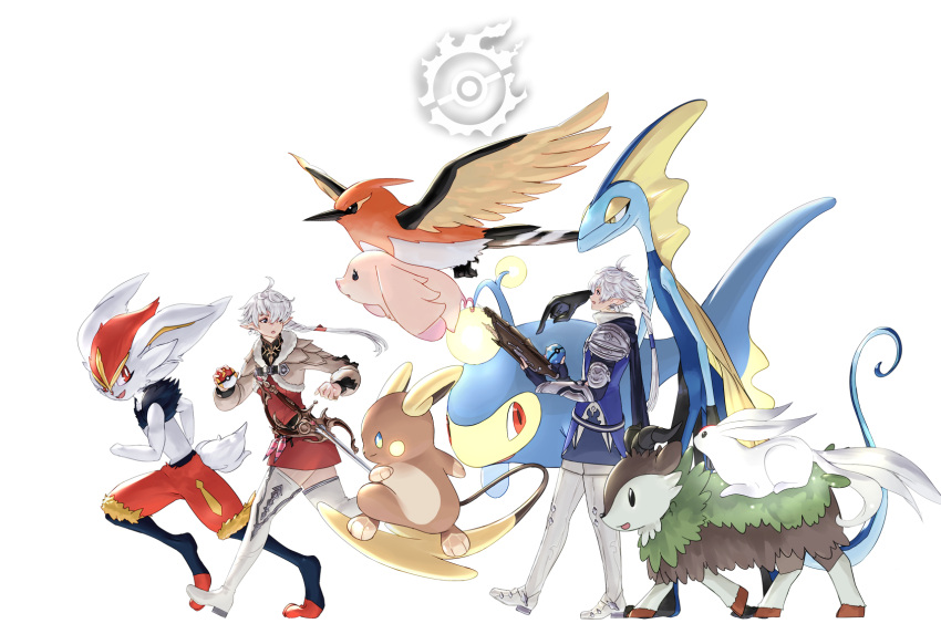 1boy 1girl :o ahoge alisaie_leveilleur alolan_raichu alphinaud_leveilleur arcanist_(final_fantasy) armor bangs belt blue_eyes blue_gloves book boots brother_and_sister brown_jacket carbuncle_(final_fantasy) cinderace clenched_hand commentary cropped_jacket crossed_arms dress earclip earrings elezen elf final_fantasy final_fantasy_xiv fingerless_gloves flying from_side full_body fur-trimmed_jacket fur_trim gloves hair_over_one_eye hair_ribbon highres holding holding_book holding_poke_ball inteleon jacket jewelry lanturn long_hair long_sleeves looking_at_another looking_back one_eye_covered open_mouth pauldrons pointy_ears poke_ball pokemon pokemon_(creature) ponytail porxie_(ff14) potion_lilac profile red_dress red_eyes ribbon ring running shoulder_armor siblings simple_background single_earring skiddo smile sword talonflame thigh_boots twins walking weapon white_background white_footwear white_hair yellow_eyes