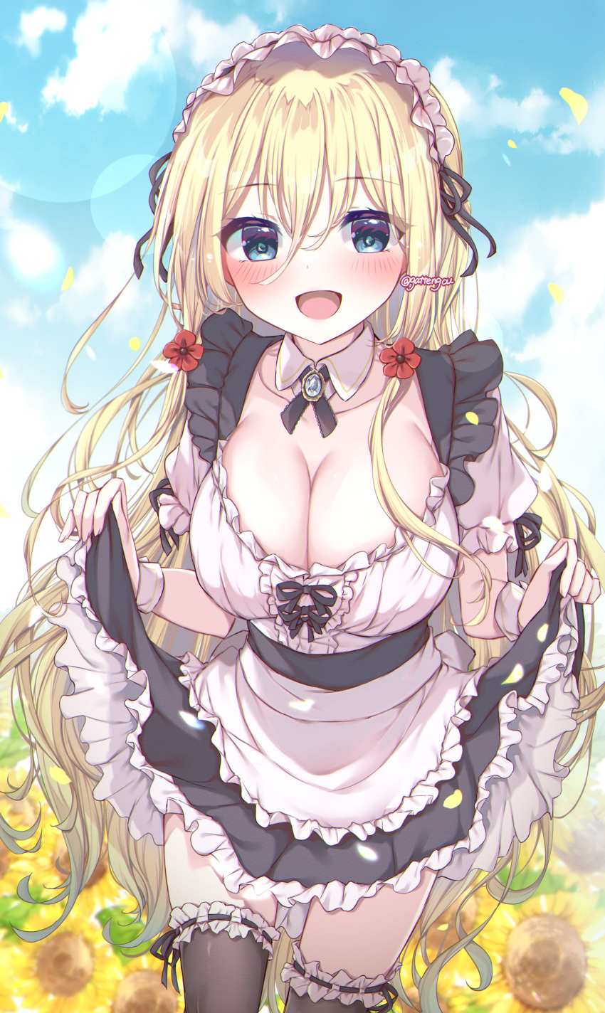1girl :d absurdres alice_(bishoujo_mangekyou) apron bishoujo_mangekyou black_ribbon black_skirt black_thighhighs blonde_hair blue_eyes blush breasts cleavage commentary cowboy_shot day detached_collar eyelashes field flower flower_field frilled_apron frilled_skirt frilled_thighhighs frills gattengou hair_between_eyes hair_flower hair_ornament hair_ribbon happy highres large_breasts lens_flare long_hair looking_at_viewer maid maid_headdress open_mouth outdoors puffy_short_sleeves puffy_sleeves red_flower ribbon short_sleeves sidelocks skirt skirt_hold smile solo standing sunflower sunflower_field thighhighs very_long_hair waist_apron white_apron white_wrist_cuffs