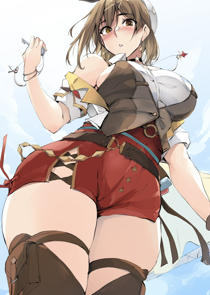 1girl atelier_(series) atelier_ryza atelier_ryza_3 beret bracelet breasts brown_eyes brown_hair brown_thighhighs brown_vest choker collared_shirt earrings from_below gloves hair_ornament hat highres holding holding_key holding_staff jewelry key large_breasts leather leather_gloves looking_at_viewer necklace red_shorts reisalin_stout shirt short_hair short_shorts shorts single_glove sky sleeveless sleeveless_jacket sleeveless_shirt solo staff star_(symbol) star_choker star_earrings thigh_pouch thighhighs thighs vest white_headwear white_shirt x_hair_ornament zekkyon