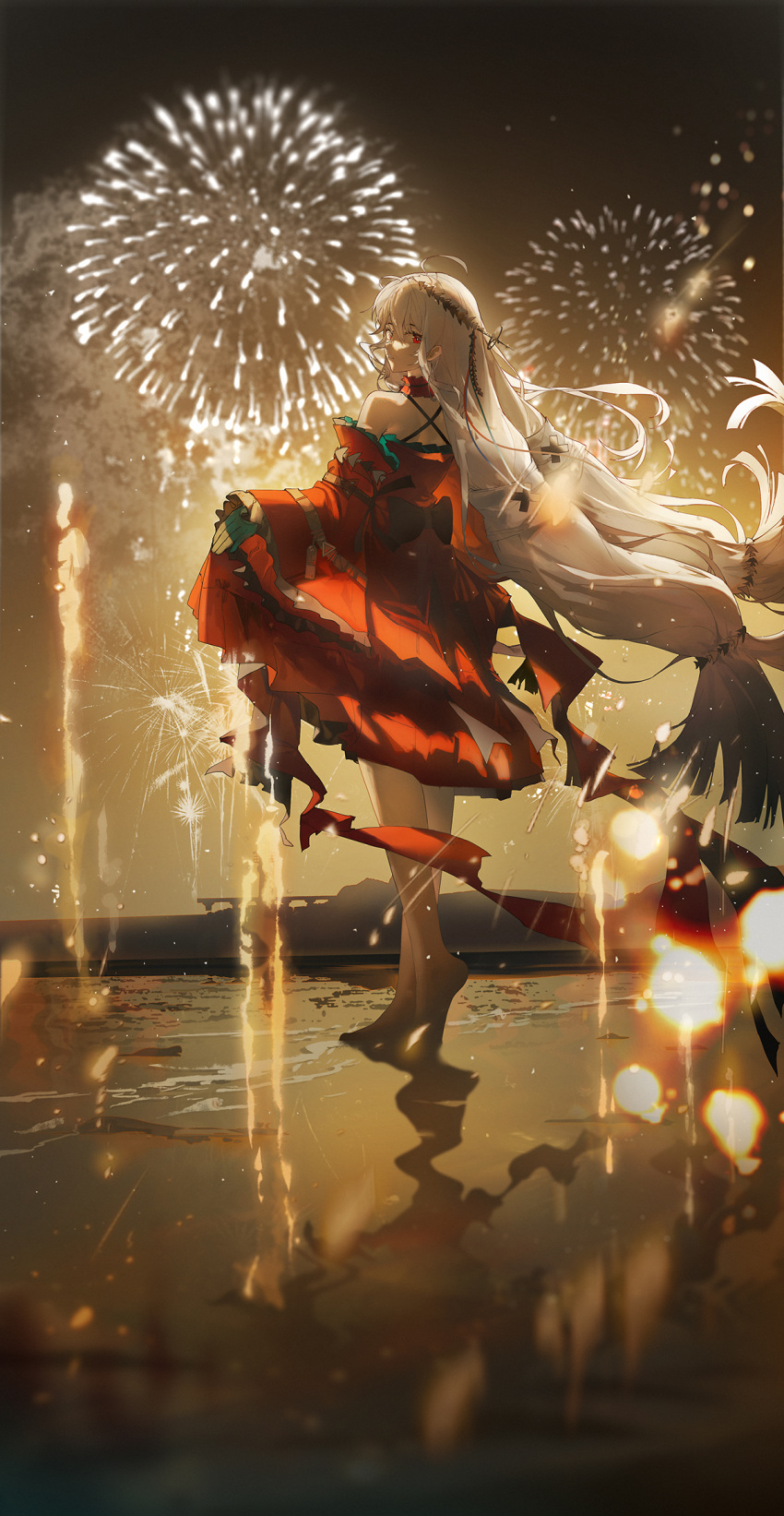 1girl aerial_fireworks ahoge arknights arm_strap back_bow bare_legs bare_shoulders barefoot beach black_bow black_sky blurry blurry_background blurry_foreground boots bow bright_pupils chinese_commentary clear_sky collar commentary_request criss-cross_back-straps depth_of_field detached_sleeves dress dress_bow expressionless eyelashes fireworks fish_hair_ornament floating_hair frilled_collar frilled_dress frilled_sleeves frills from_side full_body gloves green_gloves grey_hair hair_between_eyes hair_ornament hand_up heel_up highres horizon light_particles long_hair long_sleeves looking_at_viewer looking_to_the_side low_twintails night ocean official_alternate_costume outdoors parted_lips partial_commentary profile red_collar red_dress red_eyes red_sleeves reflection reflective_water sidelocks skadi_(arknights) skadi_the_corrupting_heart_(arknights) skirt_hold sky sleeveless sleeveless_dress smoke solo sparks teeth torn_clothes torn_dress twintails very_long_hair water white_pupils wide_sleeves x_hair_ornament yuuki_mix