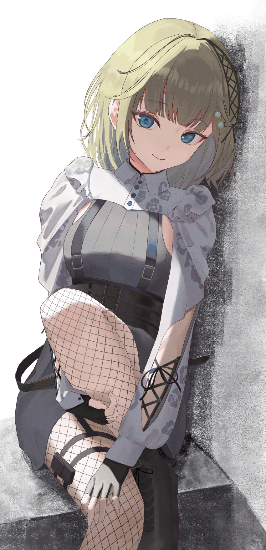 1girl absurdres arm_cutout belt black_belt black_footwear black_gloves black_ribbon blue_eyes blunt_bangs boots breasts brown_hair dress fingerless_gloves fishnet_pantyhose fishnets floral_print gloves grey_dress hair_ribbon hanabusa_lisa highres holster hugging_own_legs long_hair long_sleeves looking_at_viewer medium_breasts mito_(dncs8244) official_alternate_costume pantyhose puffy_long_sleeves puffy_sleeves ribbed_dress ribbon short_dress shrug_(clothing) sitting smile solo suspenders thigh_holster thigh_strap virtual_youtuber vspo! white_sleeves wing_collar