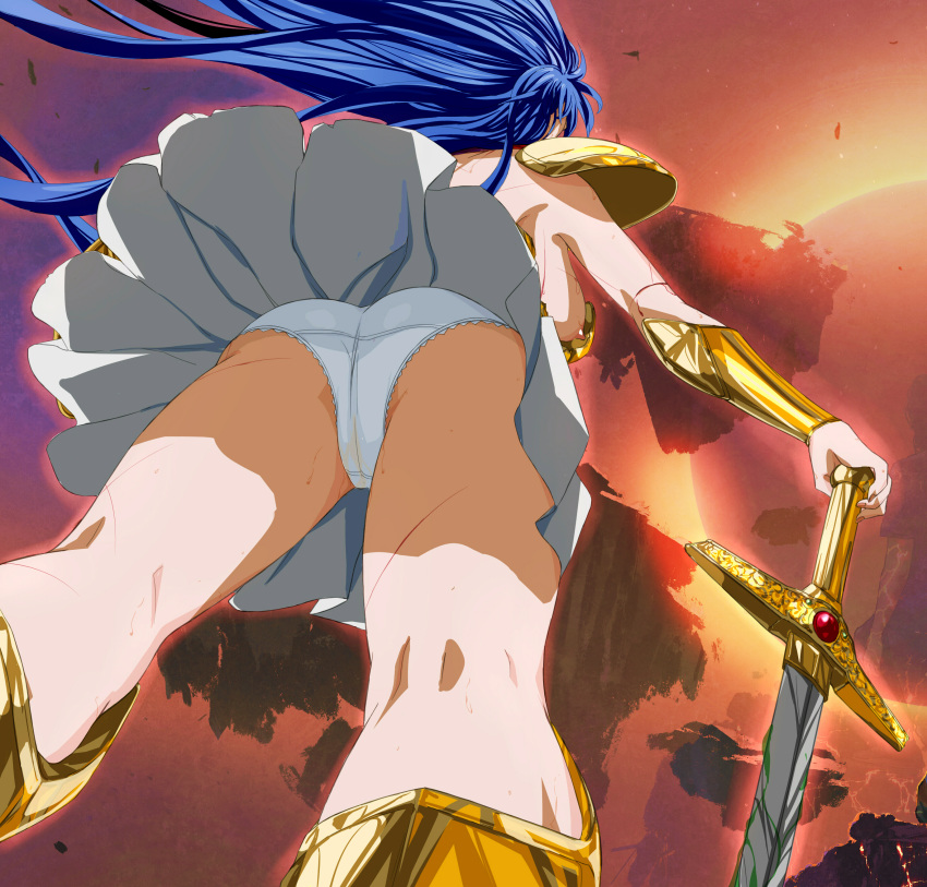 absurdres armor armored_boots asou_yuuko ass ass_focus auge_(akd) bikini_armor blue_hair boots breasts floating_hair gem gold_armor gold_bikini gold_footwear highres holding holding_sword holding_weapon knee_boots large_breasts long_hair miniskirt mugen_senshi_valis nipple_slip nipples outdoors panties pleated_skirt shoulder_pads skirt sword underwear valis vambraces very_long_hair weapon white_panties white_skirt