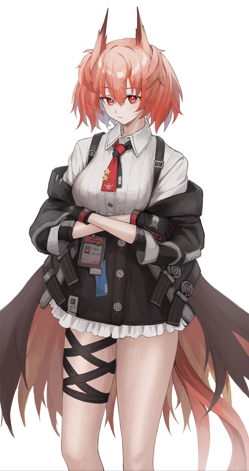 1girl absurdres animal_ears arknights bird_ears bird_tail black_gloves black_jacket blush breasts collared_shirt crossed_arms feet_out_of_frame fiammetta_(arknights) frilled_skirt frills gloves hair_between_eyes high-waist_skirt highres hk_(haruka_210) id_card jacket looking_at_viewer medium_breasts necktie off_shoulder open_clothes open_jacket raised_eyebrow red_eyes red_hair red_necktie red_skirt shirt shirt_tucked_in short_hair simple_background skirt solo tail white_background white_shirt