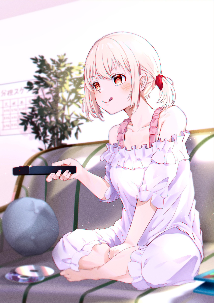 1girl absurdres alian2020 bare_shoulders blonde_hair blush chromatic_aberration closed_mouth collarbone commentary controller couch dvd_(object) film_grain frilled_shirt frills full_body highres holding holding_remote_control indian_style indoors light_particles lycoris_recoil nishikigi_chisato off-shoulder_shirt off_shoulder on_couch pajamas pants pillow plant red_eyes red_ribbon remote_control ribbon shirt short_sleeves short_twintails sidelocks sitting solo sunlight tongue tongue_out twintails white_pants white_shirt