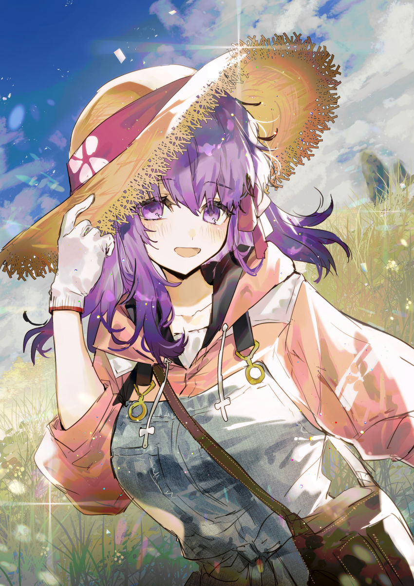 1girl absurdres bag blue_overalls blue_sky brown_bag cloud day fate/grand_order fate_(series) gloves hair_between_eyes hair_ribbon hat highres hood hood_down hoodie looking_at_viewer matou_sakura open_mouth outdoors overalls pink_hoodie purple_eyes purple_hair red_ribbon ribbon sky sleeves_rolled_up smile solo straw_hat sun_hat sunlight white_gloves yakksan