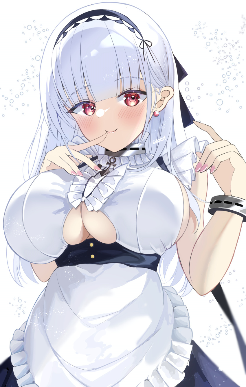 1girl absurdres apron arms_up azur_lane black_skirt blush breasts cleavage cleavage_cutout clothing_cutout dido_(azur_lane) earrings finger_to_mouth highres jewelry kisahipi large_breasts long_hair looking_at_viewer maid maid_headdress red_eyes shirt skirt smile solo stud_earrings underboob upper_body waist_apron white_apron white_hair white_shirt