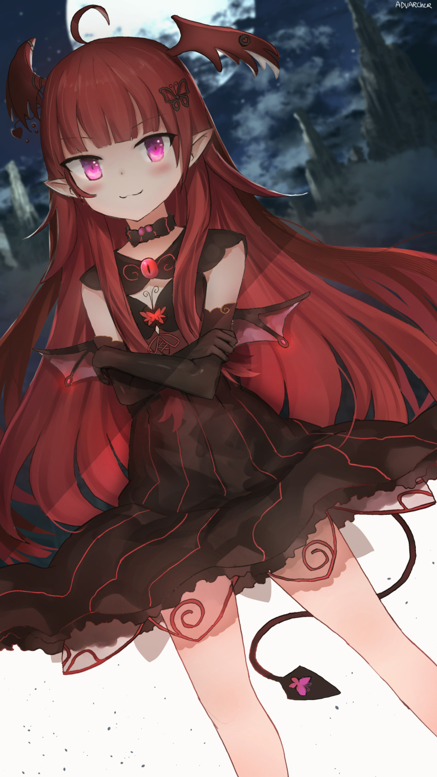 1girl absurdres ahoge anonamos araka_luto bangs blunt_bangs butterfly_hair_ornament butterfly_ornament choker cleavage_cutout clothing_cutout crossed_arms demon_girl demon_tail demon_wings dress elbow_gloves flat_chest frilled_dress frills gloves hair_ornament head_wings highres long_hair low_wings moon pointy_ears prism_project red_eyes red_hair red_wings sleeveless sleeveless_dress solo striped tail vertical_stripes virtual_youtuber wings