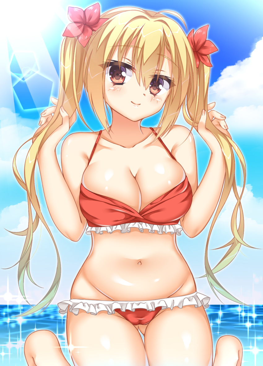 1girl ahoge arihara_nanami ass_visible_through_thighs bare_arms bare_shoulders bikini blonde_hair blue_sky blush breasts cleavage closed_mouth commentary_request day eyelashes eyes_visible_through_hair fingernails flower frilled_bikini frills fuyukichi_(nikoniko1567) groin hair_between_eyes hair_flower hair_ornament halterneck hands_up highres holding holding_hair kneeling large_breasts lips long_hair looking_at_viewer navel ocean official_alternate_costume official_alternate_hairstyle outdoors red_bikini red_eyes red_flower riddle_joker shiny_skin skindentation sky smile solo sparkle sunlight survey_corps_(emblem) swimsuit thigh_gap thighs twintails very_long_hair w_arms