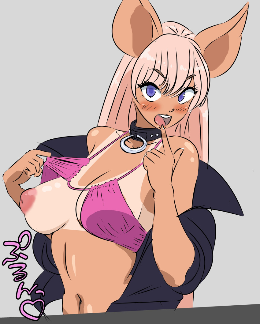 1girl animal_ears black_choker black_jacket blue_eyes blush breasts choker grey_background highres index_finger_raised jacket large_breasts long_hair looking_at_viewer navel nipples open_mouth pig_ears pig_girl pink_hair robo_zentarou rose_(zaiyuki) simple_background solo tan tanlines upper_body zaiyuki