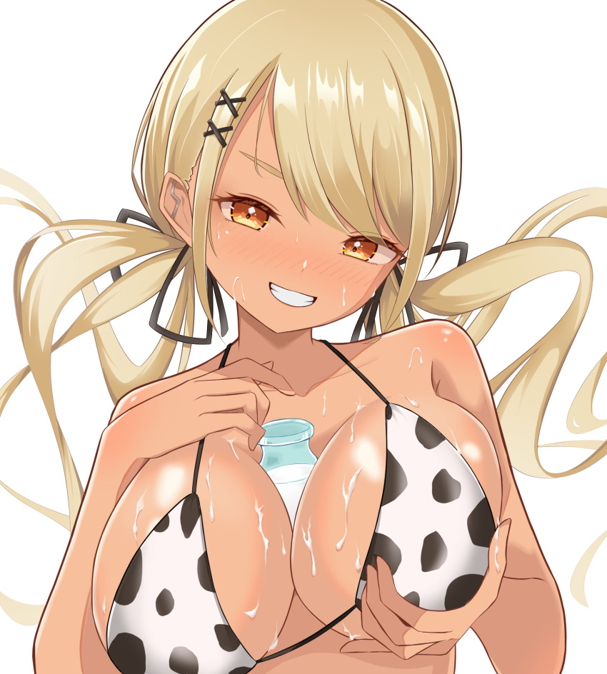 1girl animal_print barbell_piercing between_breasts bikini black_ribbon blonde_hair bottle breasts commentary_request cow_print cow_print_bikini dark-skinned_female dark_skin ear_piercing fang floating_hair grabbing_own_breast grin gyaru hair_ornament hair_ribbon hhh8_8 highres kaminari_qpi lightning_bolt_piercing long_hair looking_at_viewer low_twintails milk milk_bottle orange_eyes partial_commentary piercing print_bikini ribbon sexually_suggestive simple_background smile solo string_bikini suggestive_fluid swept_bangs swimsuit twintails upper_body variant_set virtual_youtuber vspo! white_background x_hair_ornament