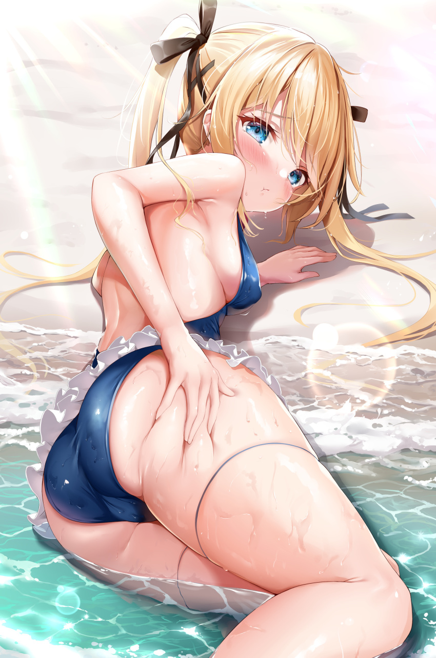 1girl :t absurdres arm_support ass azur_lane backless_swimsuit beach black_ribbon blonde_hair blue_eyes blue_one-piece_swimsuit blush breasts closed_mouth day dead_or_alive from_behind hair_ornament hair_ribbon hand_on_own_ass highres kokuto_(kurousagi1210) lens_flare long_hair looking_at_viewer looking_back lying marie_rose marie_rose_(devilish_servant_against_the_splashing_waves) medium_breasts one-piece_swimsuit outdoors pout ribbon sand sideboob solo sunlight swimsuit twintails water wet x_hair_ornament