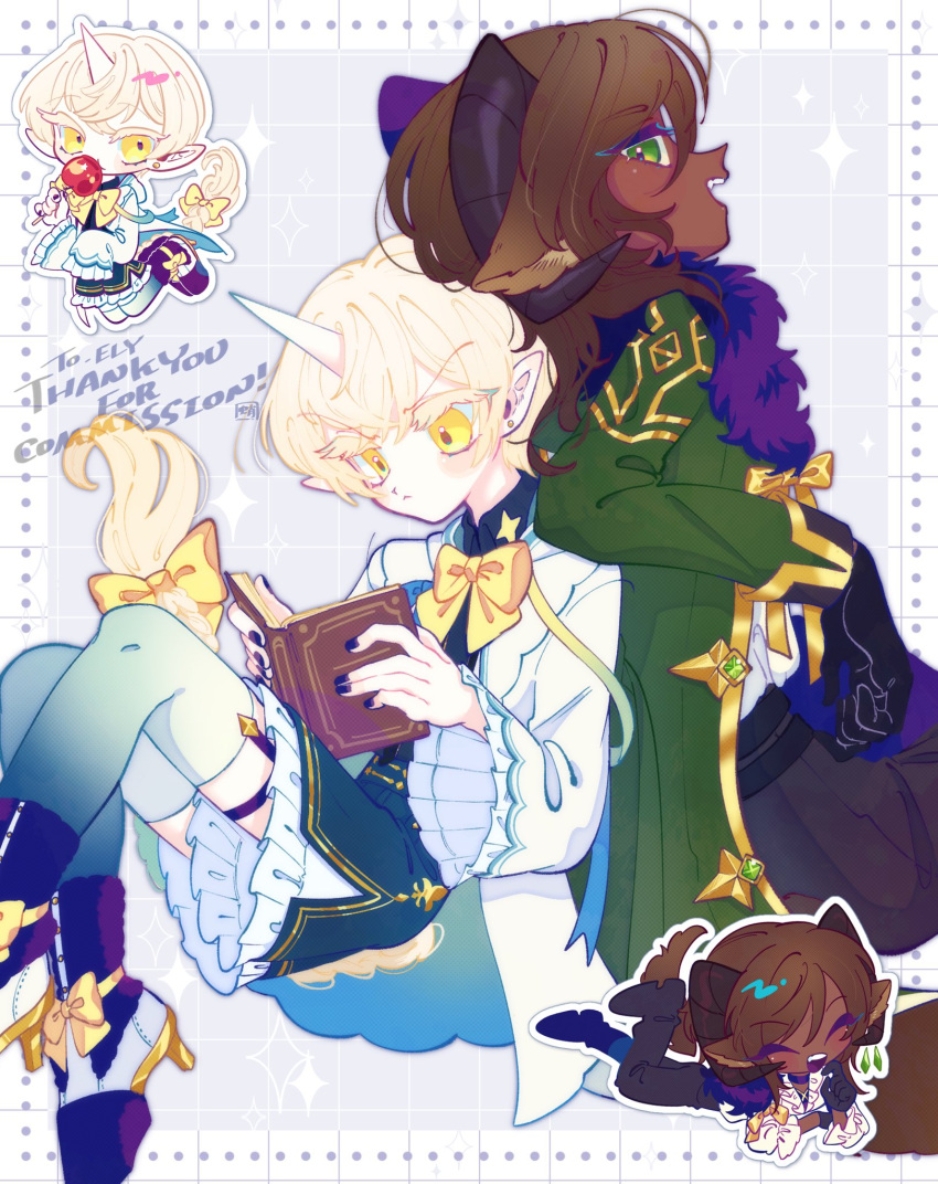 2boys :&lt; androgynous animal_ears black_gloves blonde_hair blue_nails blue_shorts book bow bowtie braided_tail brown_hair chibi chibi_inset closed_mouth coat collared_shirt colored_eyelashes commission curled_horns dark-skinned_male dark_skin english_text foot_out_of_frame footwear_bow frilled_shorts frilled_sleeves frills fur_collar fur_trim gloves green_coat green_eyes green_thighhighs grey_background grid_background hands_up high-waist_shorts high_heels highres holding holding_book horns horse_tail legwear_garter long_eyelashes long_hair long_sleeves looking_at_object looking_at_viewer male_focus multiple_boys open_mouth original pointy_ears reading shirt short_hair shorts single_horn skeb_commission sparkle_background tail tail_bow tail_ornament takoya_de thank_you thick_eyelashes thighhighs unicorn_boy unicorn_horn white_coat wide_sleeves yellow_bow yellow_bowtie yellow_eyes