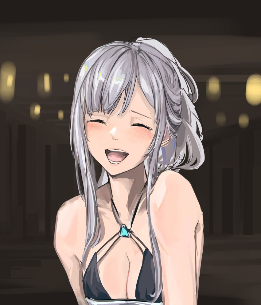 1girl ak-12_(girls'_frontline) ak-12_(quiet_azure)_(girls'_frontline) aqua_dress bangs bare_shoulders blurry blurry_background blush breasts cleavage closed_eyes collarbone commentary dress girls'_frontline grey_hair hair_ornament highres lithographica long_hair medium_breasts official_alternate_costume open_mouth parted_lips smile solo upper_body