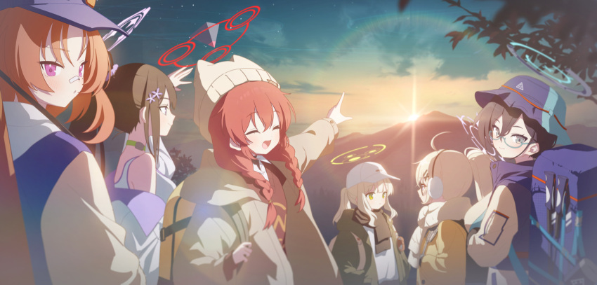 6+girls beanie black_hair black_scarf blonde_hair blue_archive blue_halo blue_jacket blush braid brown_shirt chihiro_(blue_archive) chihiro_(camp)_(blue_archive) closed_eyes closed_mouth collared_shirt green_eyes green_halo green_jacket grey_hair grey_headwear grey_jacket halo hare_(blue_archive) hare_(camp)_(blue_archive) hat highres jacket kaerunrun kotama_(blue_archive) kotama_(camp)_(blue_archive) long_hair long_sleeves maki_(blue_archive) maki_(camp)_(blue_archive) multiple_girls official_alternate_costume official_alternate_hairstyle open_clothes open_jacket open_mouth outdoors parted_lips pink_eyes ponytail purple_eyes purple_halo red_hair red_halo rei_(blue_archive) scarf shirt short_hair smile sumire_(blue_archive) sunrise twin_braids white_scarf white_shirt yellow_jacket