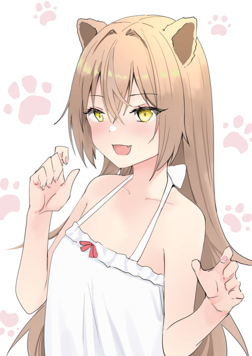 1girl :d absurdres animal_ears bare_shoulders blush brown_hair fang flat_chest h2o_(ddks2923) highres indie_virtual_youtuber lion_ears rurudo_lion smile solo virtual_youtuber yellow_eyes