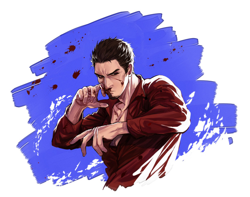 1boy black_eyes black_hair blood blood_on_face blue_background closed_mouth collarbone collared_shirt dress_shirt fighting_stance hair_slicked_back hands_up highres kiryuu_kazuma looking_at_viewer male_focus parrots777 partially_unbuttoned red_shirt ryuu_ga_gotoku shirt short_hair solo upper_body