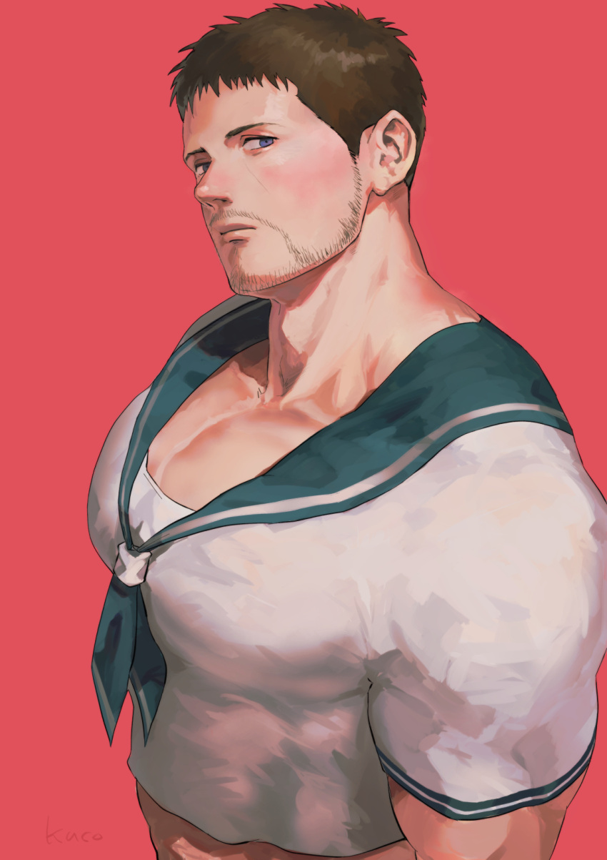 1boy bara black_hair blue_sailor_collar chris_redfield closed_mouth facial_hair highres kuconoms large_pectorals looking_at_viewer male_focus muscular muscular_male official_alternate_costume pectorals resident_evil resident_evil:_revelations sailor_collar sailor_shirt shirt short_hair simple_background solo white_shirt