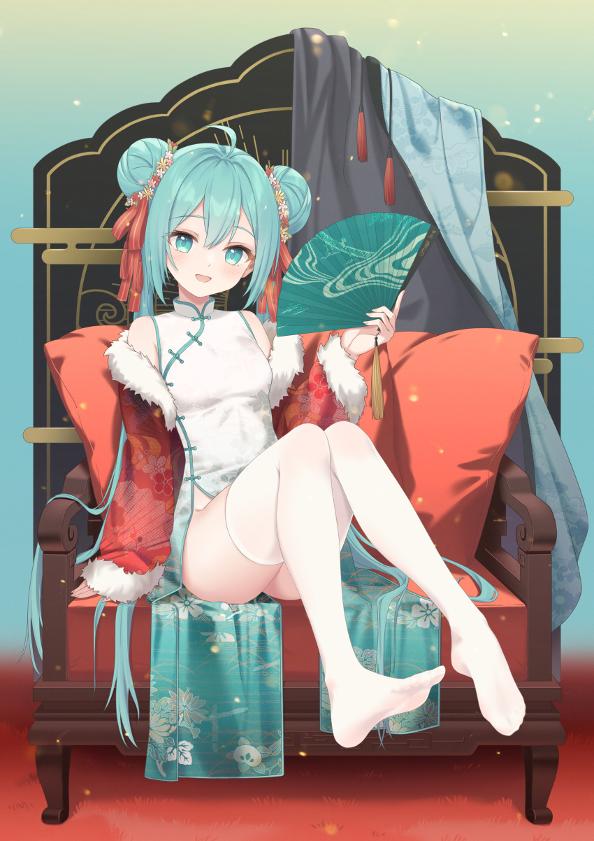 1girl :d absurdres ahoge alternate_hairstyle aqua_background aqua_dress aqua_eyes aqua_hair armchair ass bare_shoulders breasts chair china_dress chinese_clothes chinese_commentary chinese_new_year cushion double_bun dress english_commentary feet_up floral_print flower flower_wreath folding_fan full_body fur-trimmed_jacket fur-trimmed_sleeves fur_trim gradient_background green_background groin hair_bun hair_flower hair_ornament hair_ribbon hand_fan hand_up hatsune_miku highres holding holding_fan jacket knees_up light_particles long_hair looking_at_viewer mao_shi_shisan mixed-language_commentary no_shoes off_shoulder open_clothes open_jacket open_mouth pelvic_curtain pillow print_jacket red_background red_jacket red_ribbon ribbon sitting sleeveless sleeveless_dress smile solo tassel thighhighs toggles twintails two-tone_dress very_long_hair vocaloid white_dress white_thighhighs yellow_background