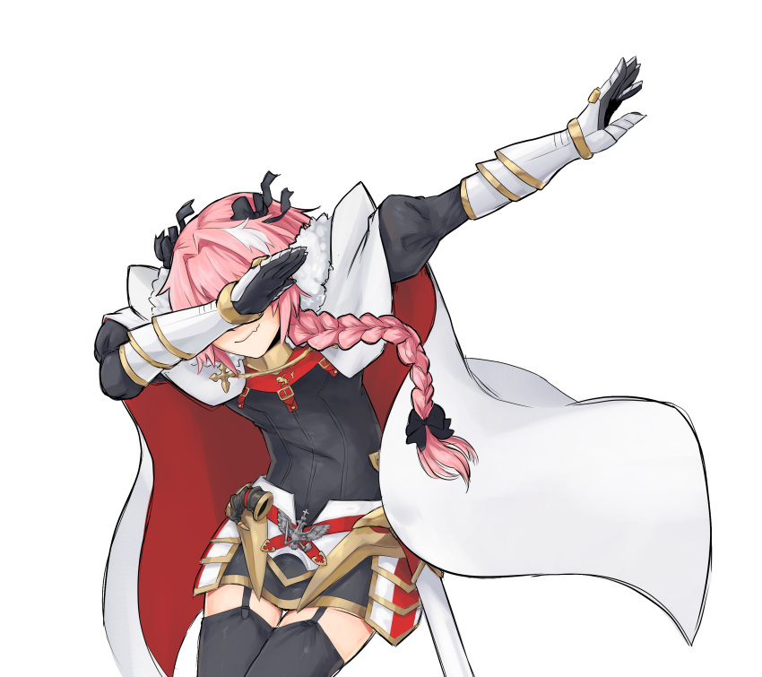1boy absurdres armored_skirt astolfo_(fate) black_bow black_thighhighs bow braid cape dab_(dance) fang fate/apocrypha fate/grand_order fate_(series) fatmanass fur-trimmed_cape fur_trim garter_straps gauntlets hair_bow hair_intakes highres long_hair male_focus multicolored_hair otoko_no_ko pink_hair sheath sheathed skin_fang solo streaked_hair sword thighhighs transparent_background weapon white_cape white_hair