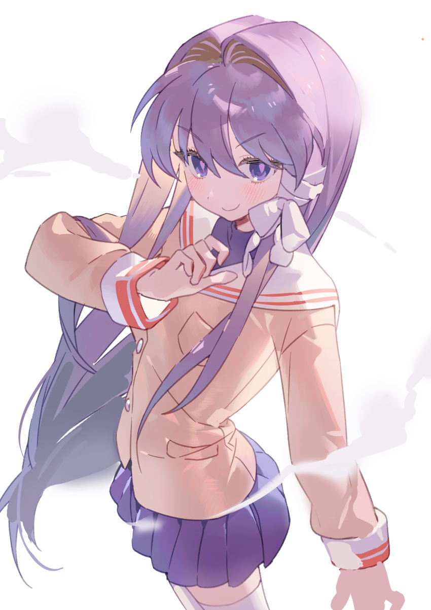 &gt;:) 1girl absurdres arm_at_side backlighting blazer blue_skirt blush bright_pupils clannad closed_mouth commentary_request foreshortening fujibayashi_kyou hair_between_eyes hair_intakes hair_ribbon hand_up highres hikarizaka_private_high_school_uniform jacket korean_commentary long_hair looking_at_viewer miniskirt pleated_skirt purple_eyes purple_hair ribbon sailor_collar school_uniform seoji sidelocks simple_background skirt smile smug solo straight_hair thighhighs tress_ribbon v-shaped_eyebrows very_long_hair white_background white_ribbon white_sailor_collar white_thighhighs yellow_jacket zettai_ryouiki