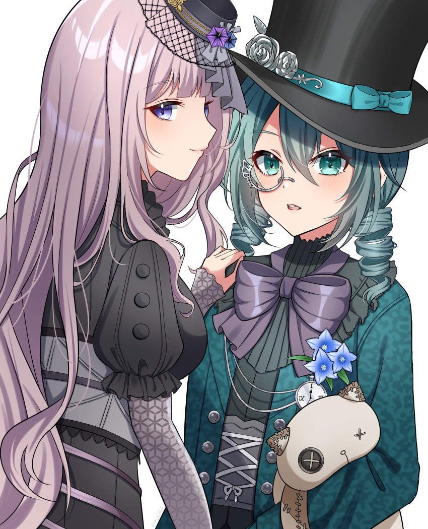 2girls aqua_eyes aqua_hair black_headwear blue_eyes blue_flower boutonniere bow bowtie breasts buttons carrying carrying_under_arm character_request closed_mouth colorful_festival_(project_sekai) cross-laced_clothes drill_hair flat_chest flower frills grey-framed_eyewear grey_flower grey_hair grey_rose hair_between_eyes hand_on_another's_shoulder hand_up hat hat_bow hat_flower hatsune_miku highres jacket lace layered_sleeves lipstick long_hair long_sleeves looking_at_viewer looking_back makeup mini_hat mini_top_hat mirumiru_(miru36i) monocle multiple_girls official_alternate_costume official_alternate_hairstyle parted_lips project_sekai puffy_short_sleeves puffy_sleeves purple_bow purple_bowtie purple_flower purple_hair ribbon rose semi-rimless_eyewear short_over_long_sleeves short_sleeves simple_background smile stuffed_animal stuffed_cat stuffed_toy top_hat triangle twin_drills under-rim_eyewear upper_body very_long_hair vocaloid white_background