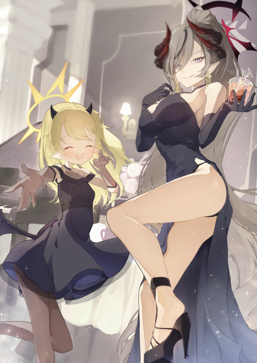 2girls absurdres ass bad_anatomy black_dress black_footwear black_gloves black_horns blonde_hair blue_archive breasts closed_eyes cup demon_horns dress elbow_gloves gloves grey_hair grin halo high_heels highres holding holding_cup horns ibuki_(blue_archive) ibuki_(dress)_(blue_archive) large_breasts long_hair makoto_(blue_archive) makoto_(dress)_(blue_archive) multiple_girls multiple_horns official_alternate_costume open_mouth pointy_ears purple_eyes pyoyyyy red_halo smile yellow_halo