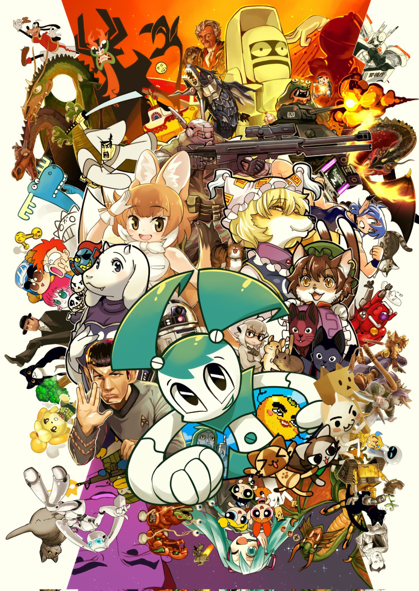 6+boys 6+girls aku_(samurai_jack) animal_crossing animal_ears arcade_cabinet assault_rifle beatmania_iidx bird black-framed_eyewear black_hair blonde_hair blossom_(ppg) bob_cut box brown_hair bubbles_(ppg) buttercup_(ppg) cardboard_box cat cat_ears cat_girl character_request chen closed_mouth collaboration commentary_request copyright_request corrupted_twitter_file crossover danboo demon dhole_(kemono_friends) disney doctor_doom dog doseisan dragon earrings eve_(wall-e) explosion eyepatch fangs fangs_out fantastic_four fox_girl frilled_hat frills furrification furry furry_female glasses gloves goat_girl goofy green_headwear grey_shirt grin gun half-closed_eyes hamster happy_tree_friends hat hatsune_miku highres inoue_toro isabelle_(animal_crossing) jenny_wakeman jewelry katana kemono_friends kemono_friends_3 leex leonard_nimoy looking_at_viewer lumpy_(happy_tree_friends) m4_carbine marvel mayura mecha medarot meerkat_(kemono_friends) military_vehicle mob_cap mother_(game) mother_2 motor_vehicle multiple_boys multiple_crossover multiple_girls my_life_as_a_teenage_robot ness_(mother_2) one_eye_closed open_mouth papyrus_(undertale) penguin penguin's_memory:_koufuku_monogatari powerpuff_girls professor_utonium r2-d2 rifle robot salute samurai_jack samurai_jack_(character) sans shirt short_hair single_earring slit_pupils smile sony spock star_trek star_wars sword tank toriel touhou tree undertale undyne upper_body v-shaped_eyebrows vocaloid vulcan_salute wall-e wall-e_(character) weapon white_background white_gloves white_headwear yakumo_ran yellow_submarine yotsubato!