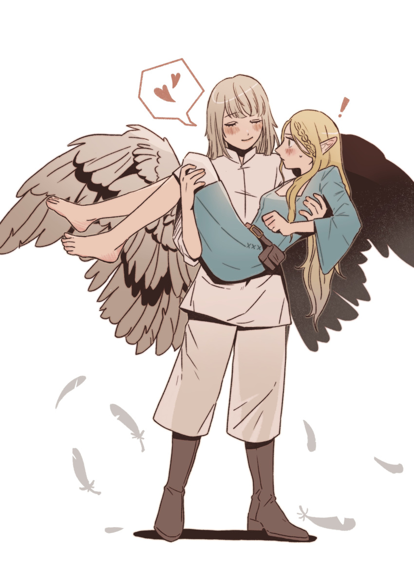 ! 2girls absurdres barefoot belt_pouch black_wings blonde_hair blue_robe boots braid braided_bangs breasts carrying closed_eyes dungeon_meshi elf facing_viewer falin_thorden feathered_wings feathers flat_chest grey_footwear grey_wings hair_down hands_up heart highres long_hair long_sleeves marcille_donato medium_hair mismatched_wings multiple_girls multiple_wings murmur_(kim0222dr5) no_capelet no_headwear no_jacket pants pointy_ears pouch princess_carry profile robe see-through_silhouette shirt simple_background single_braid spoken_heart very_long_hair white_background white_pants white_shirt wide_sleeves wings yuri