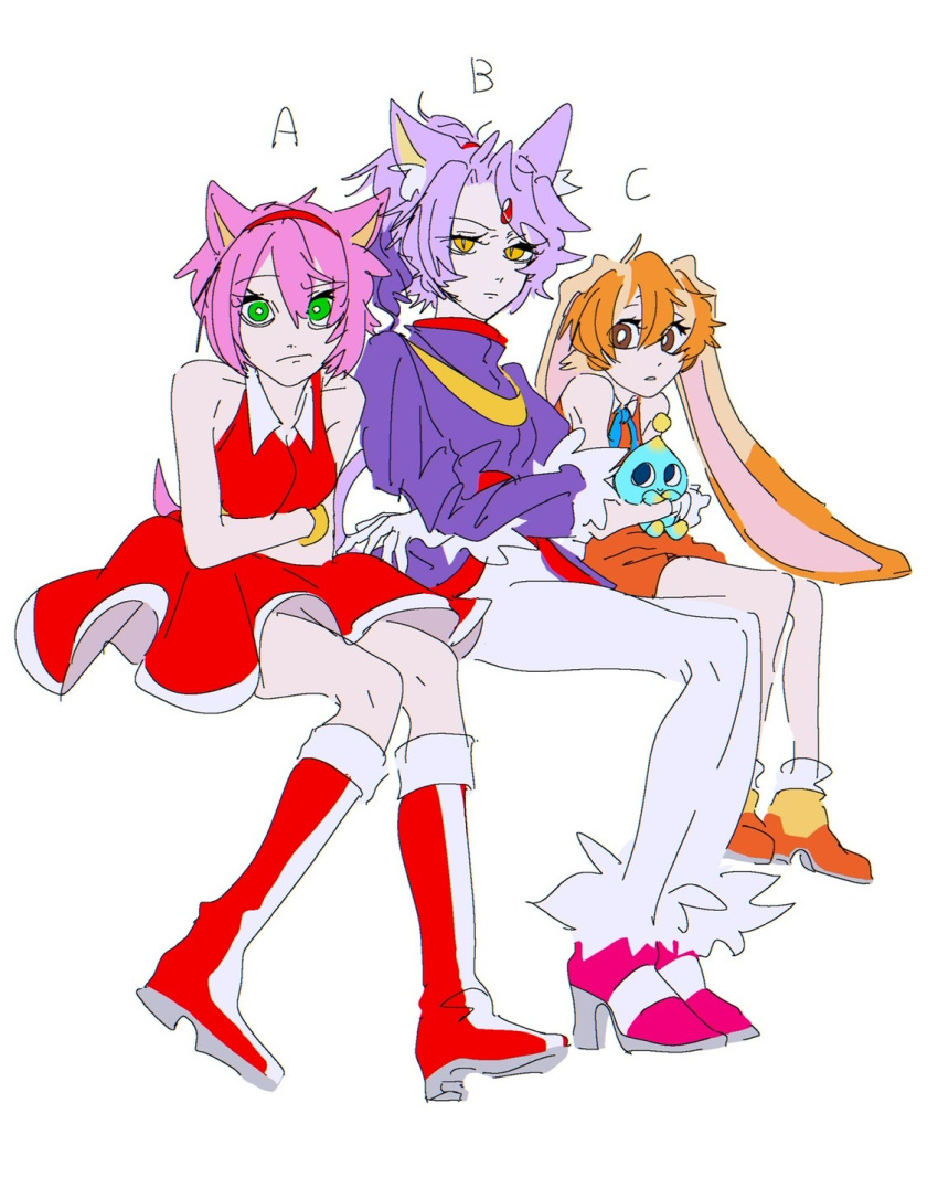 3girls amy_rose animal_ears blaze_the_cat brown_eyes cat_ears cheese_(sonic) cream_the_rabbit crossed_arms dress forehead_jewel gloves green_eyes hedgehog_ears highres humanization looking_at_viewer multiple_girls orange_dress pants rabbit_ears red_dress simple_background sonic_(series) white_background white_gloves white_pants yamimatsu7 yellow_eyes