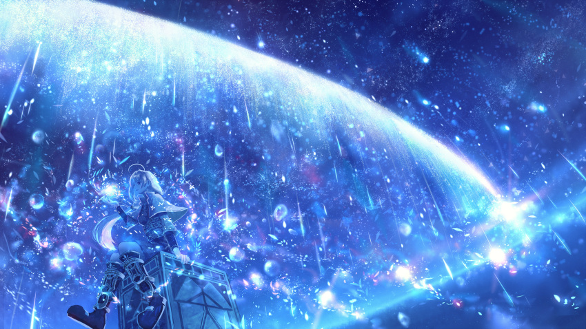 1girl belt blonde_hair boots bubble capelet compression_shirt falling_petals highres leg_armor long_hair long_sleeves looking_to_the_side night night_sky original petals petals_on_liquid ponytail sakimori_(hououbds) scenery sky solo space sparkle star_(sky) starry_sky water water_drop