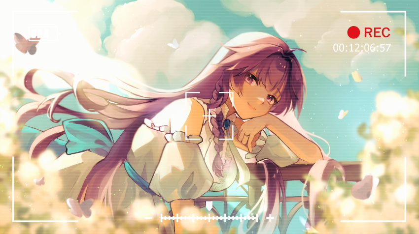 1girl absurdres ahoge animal bare_shoulders blue_sky blurry blurry_foreground braid bug butterfly closed_mouth cloud cloudy_sky commentary day depth_of_field detached_sleeves dress frilled_sleeves frills hair_intakes hand_up highres honkai_(series) honkai_impact_3rd long_hair looking_at_viewer mofumanju outdoors petals puffy_short_sleeves puffy_sleeves purple_eyes purple_hair raiden_mei recording short_sleeves single_braid sky sleeveless sleeveless_dress smile solo very_long_hair viewfinder white_dress white_sleeves