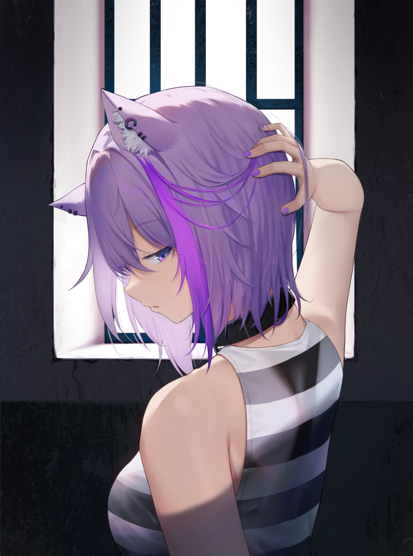 1girl absurdres animal_ear_fluff animal_ears arm_behind_head arm_up bare_arms bare_shoulders black_choker breasts cat_ears choker ear_piercing from_side hand_on_own_head highres hololive horizontal_stripes medium_breasts multicolored_hair nekomata_okayu parted_lips piercing purple_eyes purple_hair purple_nails shirt short_hair sideways_glance sleeveless sleeveless_shirt solo stoner08 streaked_hair striped striped_shirt tank_top upper_body virtual_youtuber