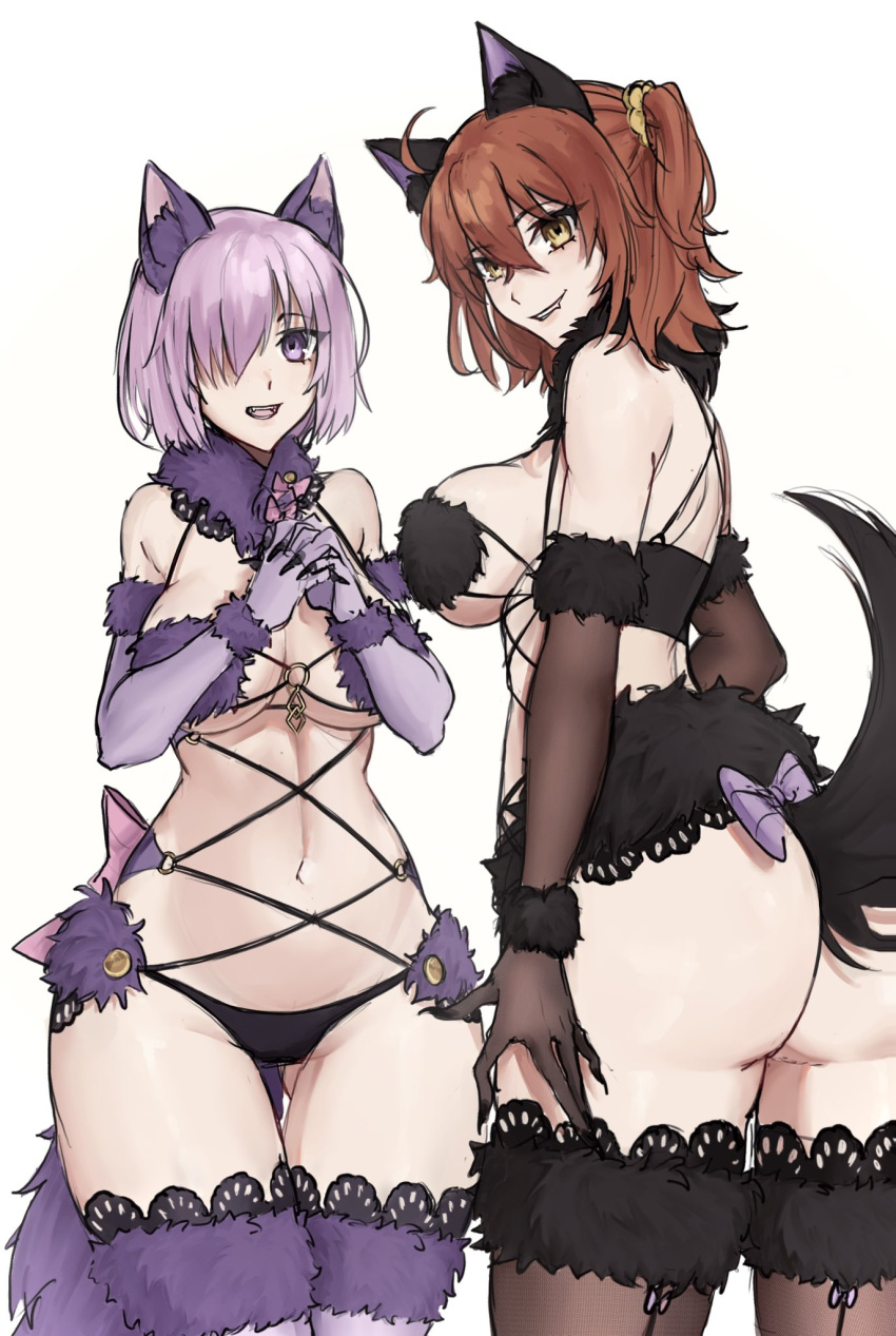 13addendum 2girls ahoge animal_ears ass bare_shoulders black_panties bow breasts brown_gloves brown_thighhighs cleavage elbow_gloves fate/grand_order fate_(series) fujimaru_ritsuka_(female) fur-trimmed_gloves fur-trimmed_legwear fur_collar fur_trim gloves grin hair_over_one_eye highres lace-trimmed_legwear lace_trim large_breasts looking_at_viewer looking_back mash_kyrielight mash_kyrielight_(dangerous_beast) multiple_girls navel o-ring one_side_up open_mouth orange_eyes orange_hair panties purple_eyes purple_gloves purple_hair purple_thighhighs revealing_clothes short_hair smile tail thighhighs thighs underwear wolf_ears wolf_tail