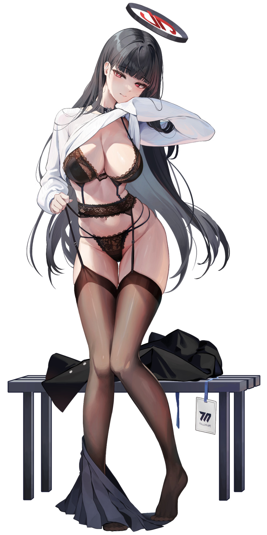 1girl bench black_bra black_coat black_hair black_halo black_panties black_thighhighs blue_archive blue_skirt bra breasts bright_pupils cleavage closed_mouth clothes_lift coat commentary_request full_body garter_belt garter_straps halo highres korean_commentary lace-trimmed_bra lace-trimmed_panties lace_trim large_breasts lifted_by_self long_hair long_sleeves looking_at_viewer mechanical_halo navel panties pleated_skirt puffy_long_sleeves puffy_sleeves red_eyes refla rio_(blue_archive) shirt shirt_lift simple_background skirt sleeves_past_fingers sleeves_past_wrists solo standing thighhighs underwear undressing unworn_coat unworn_skirt white_background white_pupils white_shirt