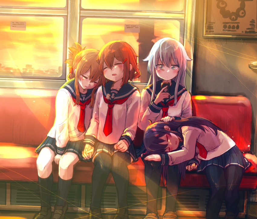 4girls akatsuki_(kancolle) anchor_symbol bench between_legs black_pantyhose black_socks black_thighhighs blue_eyes blue_sailor_collar blue_skirt blush bob_cut brown_footwear brown_hair cellphone closed_eyes dress_shirt dusk folded_hair folded_ponytail hair_between_eyes hair_ornament hair_up hairclip hand_between_legs hand_on_lap head_on_another's_shoulder heads_together hibiki_(kancolle) highres holding holding_hands holding_phone ikazuchi_(kancolle) inazuma_(kancolle) kantai_collection lap_pillow light_rays loafers long_hair long_sleeves looking_at_phone lying multiple_girls neckerchief on_bench on_side open_mouth pantyhose parted_lips phone pleated_skirt purple_hair red_neckerchief sailor_collar school_uniform serafuku shirt shoes short_hair siblings side-by-side sisters sitting skirt sleeping smartphone socks sunbeam sunlight sunset thighhighs unagiman white_hair white_shirt window