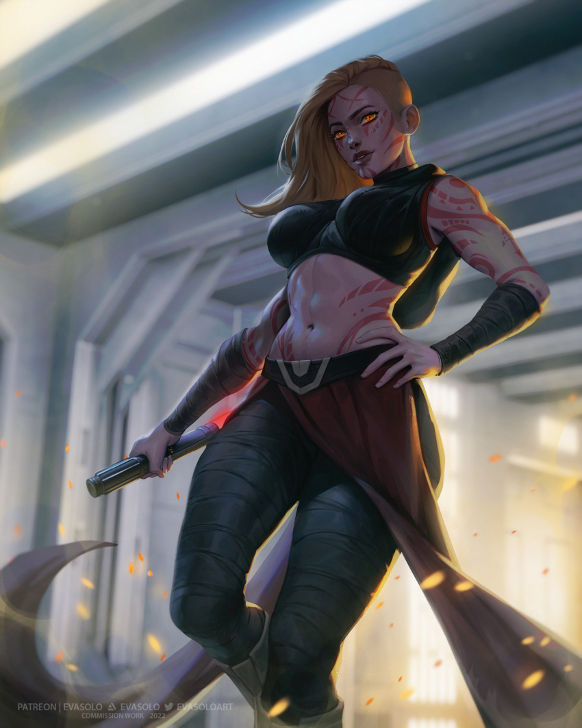 1girl arm_tattoo backlighting bandaged_arm bandaged_leg bandages bare_shoulders breasts buzz_cut commission crop_top embers energy_sword eva_solo feet_out_of_frame hand_on_hip highres holding holding_weapon large_breasts lightsaber lips looking_at_viewer medium_hair navel orange_eyes parted_lips pelvic_curtain pinup_(style) short_hair sith sleeveless solo star_wars stomach_tattoo sword tattoo teeth upper_teeth very_short_hair weapon