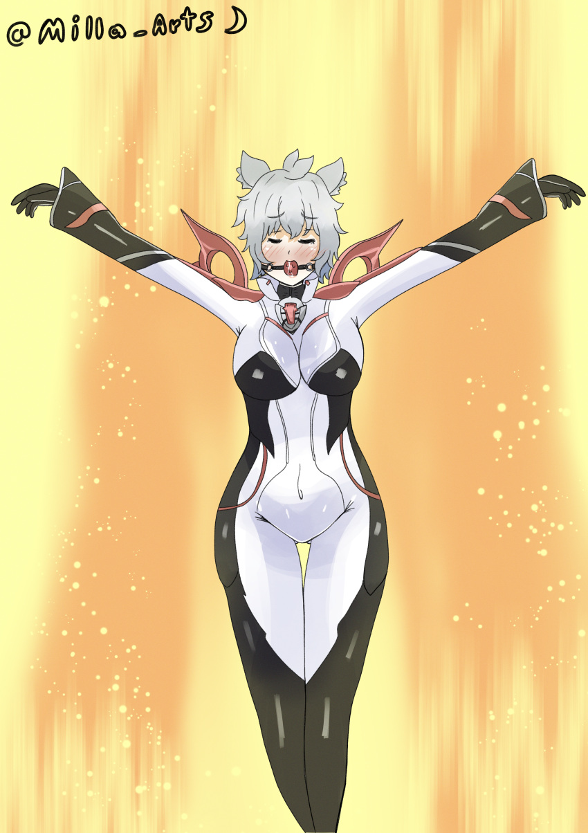 absurdres alpha_(xenoblade) alternate_costume alvis_(xenoblade) artist_name aura ball_gag bdsm blush bodysuit bondage bound breasts cat_girl cleavage closed_eyes commentary core_crystal_(xenoblade) corruption crucifixion dark_persona drooling english_commentary gag gloves glowing highres large_breasts latex latex_bodysuit latex_gloves milla na'el_(xenoblade) navel official_alternate_costume possessed saliva short_hair tears white_hair xenoblade_chronicles_(series) xenoblade_chronicles_1 xenoblade_chronicles_3 xenoblade_chronicles_3:_future_redeemed