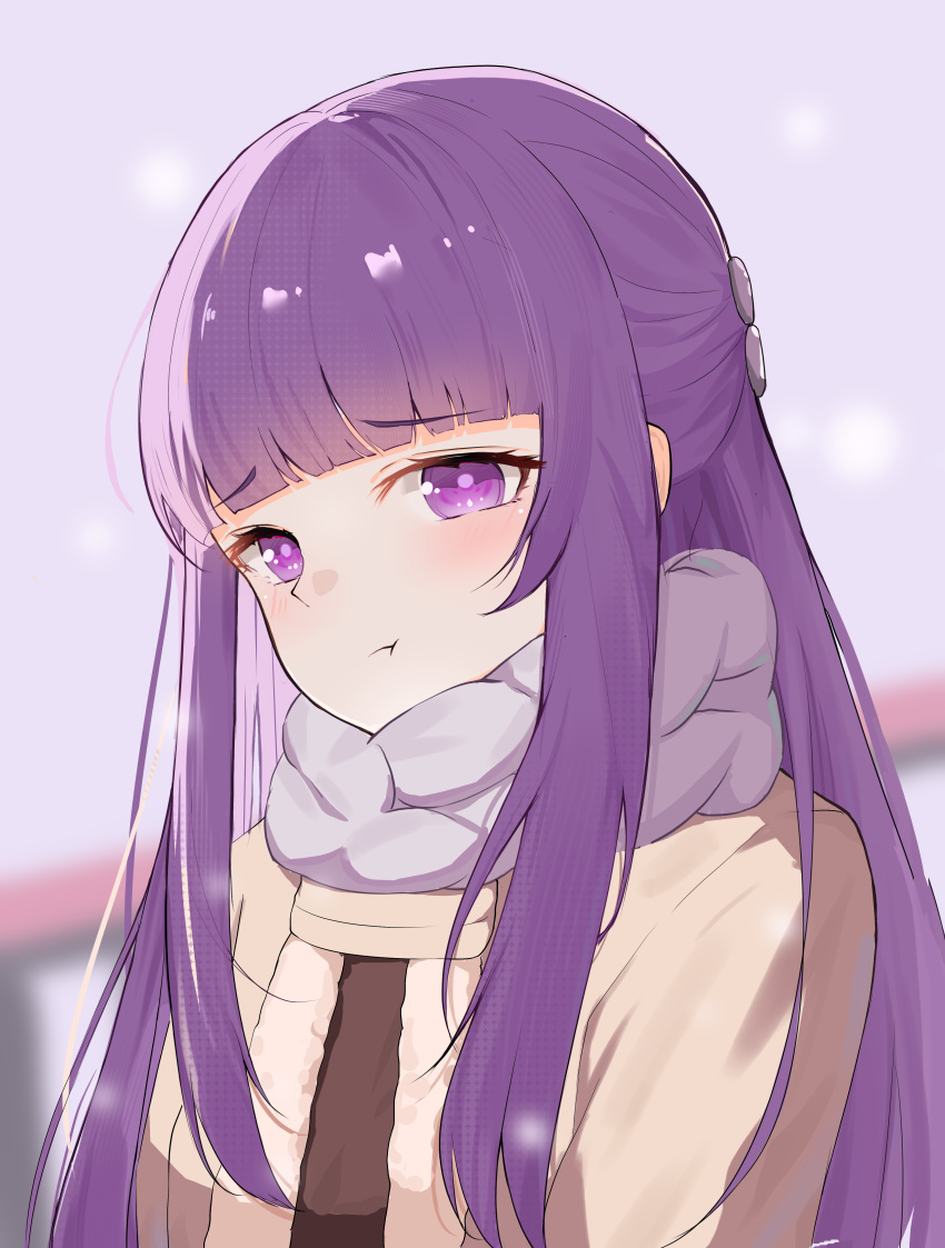 1girl absurdres blunt_bangs blurry blurry_background brown_coat closed_mouth coat fern_(sousou_no_frieren) fur_trim hair_ornament highres hongga_(joyw) long_hair looking_at_viewer outdoors pout purple_eyes purple_hair purple_pupils purple_scarf scarf snowing solo sousou_no_frieren upper_body