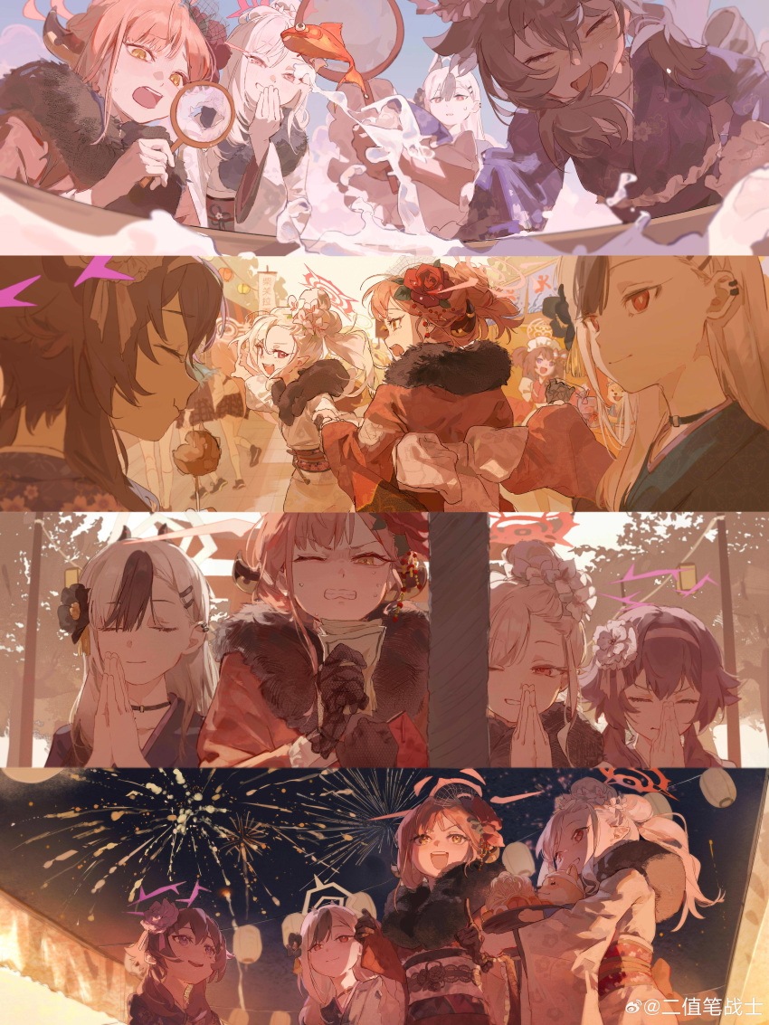 6+girls absurdres aerial_fireworks aru_(blue_archive) aru_(new_year)_(blue_archive) black_gloves black_horns black_kimono blue_archive blush brown_horns chinese_commentary clenched_teeth closed_eyes closed_mouth demon_horns fireworks flower gloves grey_halo grin hair_between_eyes hair_flower hair_ornament halo haruka_(blue_archive) haruka_(new_year)_(blue_archive) highres horns hoshino_(blue_archive) japanese_clothes kayoko_(blue_archive) kayoko_(new_year)_(blue_archive) kimono long_hair long_sleeves medium_hair multiple_girls mutsuki_(blue_archive) mutsuki_(new_year)_(blue_archive) nonomi_(blue_archive) obi official_alternate_costume official_alternate_hairstyle one_eye_closed open_mouth pink_eyes pink_flower pink_hair pink_halo pointy_ears problem_solver_68_(blue_archive) purple_eyes purple_hair purple_halo purple_kimono red_eyes red_halo red_kimono sash shiroko_(blue_archive) shizuko_(blue_archive) smile teeth white_hair white_kimono wide_sleeves yellow_eyes yu1619khz
