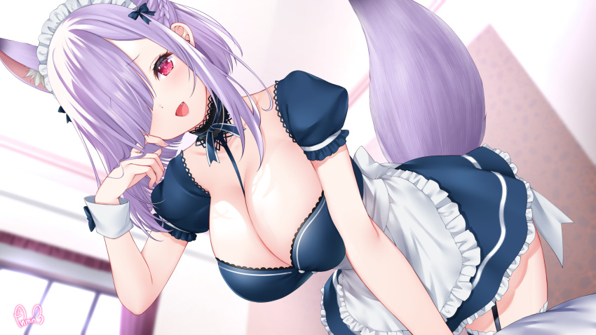 1girl animal_ear_fluff animal_ears apron blush breasts cleavage dress drop.b extra_ears fang fox_ears fox_girl fox_tail frilled_apron frills hair_ornament hair_over_one_eye highres indie_virtual_youtuber indoors kamishiro_natsume kitsune large_breasts looking_at_viewer maid maid_apron maid_headdress medium_hair open_mouth puffy_short_sleeves puffy_sleeves purple_hair purple_nails red_eyes short_sleeves smile solo tail virtual_youtuber waist_apron white_apron wrist_cuffs