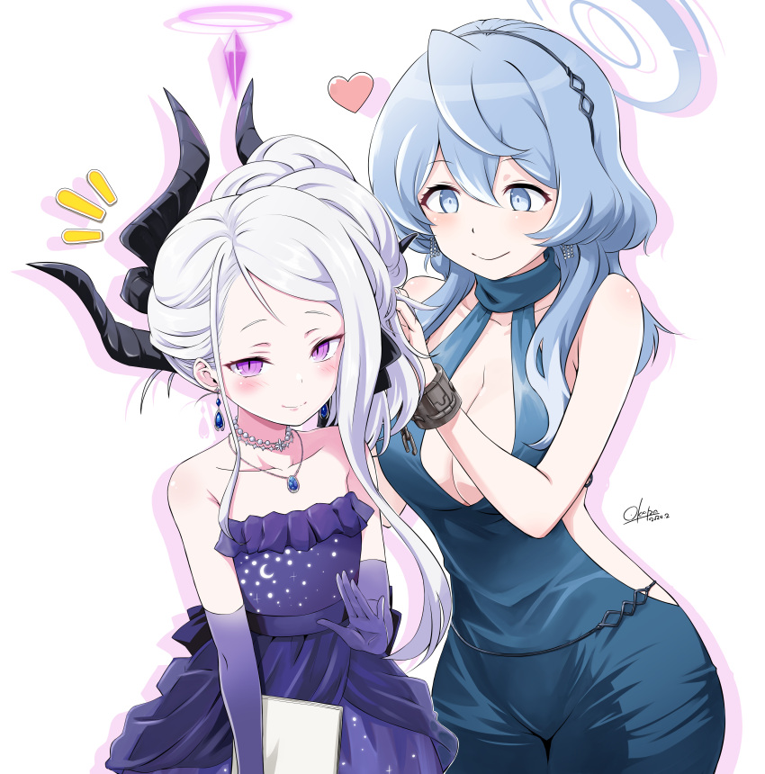 2girls absurdres adjusting_dress ako_(blue_archive) ako_(dress)_(blue_archive) backless_dress backless_outfit black_horns blue_archive blue_dress blue_eyes blue_hair blue_halo breasts cleavage demon_horns dress earrings elbow_gloves gloves hair_between_eyes halo heart highres hina_(blue_archive) hina_(dress)_(blue_archive) horns jewelry large_breasts long_hair multiple_girls necklace notice_lines official_alternate_costume official_alternate_hairstyle okara plunging_neckline purple_dress purple_eyes purple_gloves purple_halo sideless_dress simple_background single_handcuff sleeveless sleeveless_dress small_breasts standing strapless strapless_dress two-tone_halo white_background