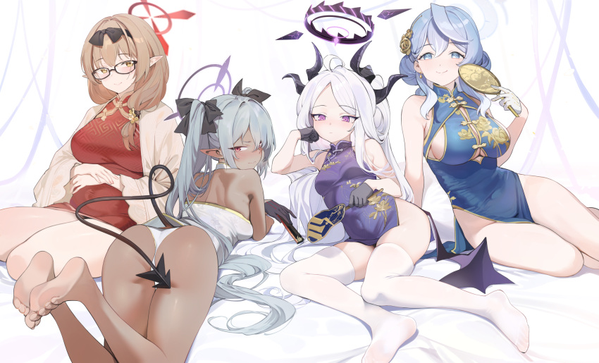 4girls ako_(blue_archive) alternate_costume barefoot black-framed_eyewear black_horns black_tail blue_archive blue_dress blue_eyes blue_hair blue_halo blush breasts brown_eyes china_dress chinatsu_(blue_archive) chinese_clothes closed_mouth commentary_request dark-skinned_female dark_skin demon_horns demon_tail djheycha dress glasses grey_hair hair_over_one_eye halo highres hina_(blue_archive) horns iori_(blue_archive) large_breasts light_brown_hair long_hair multiple_girls multiple_horns pointy_ears prefect_team_(blue_archive) purple_dress purple_eyes purple_halo red_dress red_eyes red_halo short_hair sideboob simple_background sleeveless sleeveless_dress small_breasts smile soles tail thighhighs toes white_background white_dress white_hair white_thighhighs