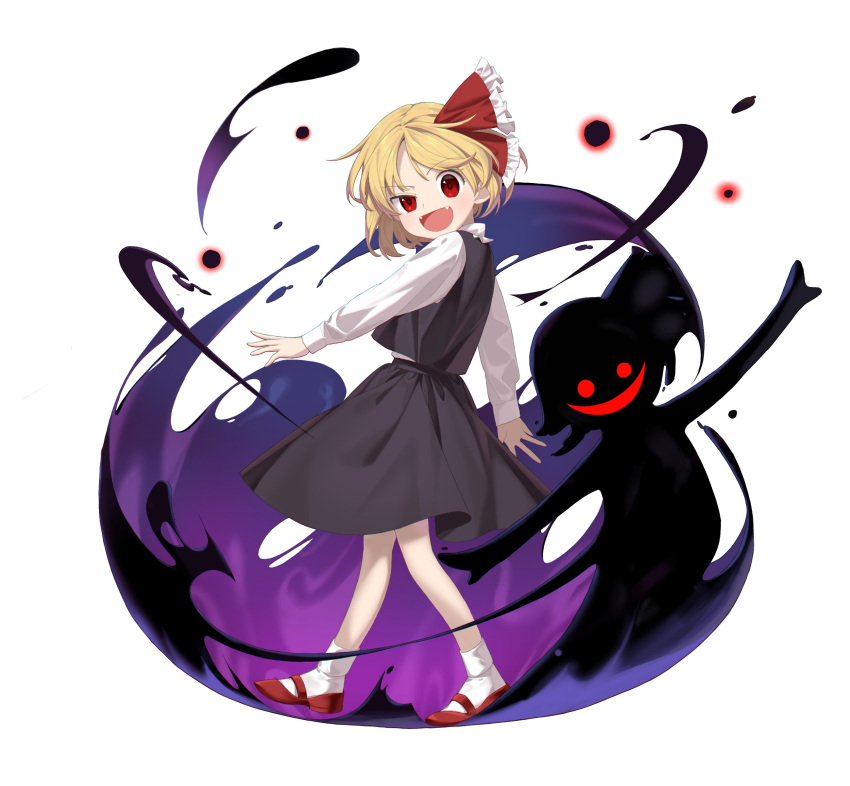 1girl absurdres black_skirt black_vest blonde_hair darkness fangs from_side full_body head_tilt highres keiki8296 long_sleeves looking_at_viewer mary_janes medium_hair open_mouth red_eyes red_footwear rumia shirt shoes skirt socks solo touhou vest walking white_shirt white_socks