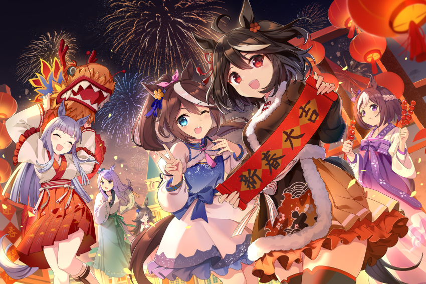 6+girls absurdres aerial_fireworks animal_ears black_hair black_thighhighs blue_eyes blush braid breasts brown_hair chinese_clothes closed_eyes fireworks flat_chest food gold_ship_(umamusume) hair_over_one_eye hanfu highres holding holding_food horse_ears horse_girl horse_tail kita_(kitairoha) kitasan_black_(umamusume) large_breasts long_hair long_sleeves medium_breasts medium_hair mejiro_mcqueen_(umamusume) multicolored_hair multiple_girls one_eye_closed open_mouth parted_lips purple_eyes purple_hair red_eyes rice_shower_(umamusume) short_hair smile special_week_(umamusume) tail tanghulu thighhighs tokai_teio_(umamusume) two-tone_hair two_side_up umamusume v white_hair